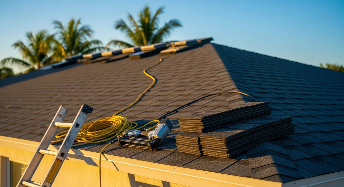 Professional roofer installing new roof shingles on residential home in South Florida