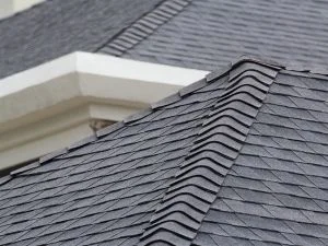 Architectural shingles installed on residential roof with white trim and flashing detail