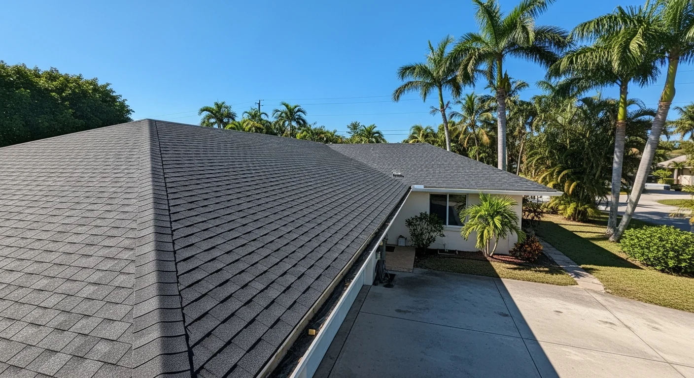 Residential home in South Florida with palm trees and clear blue sky, showing typical coastal architecture and landscaping.