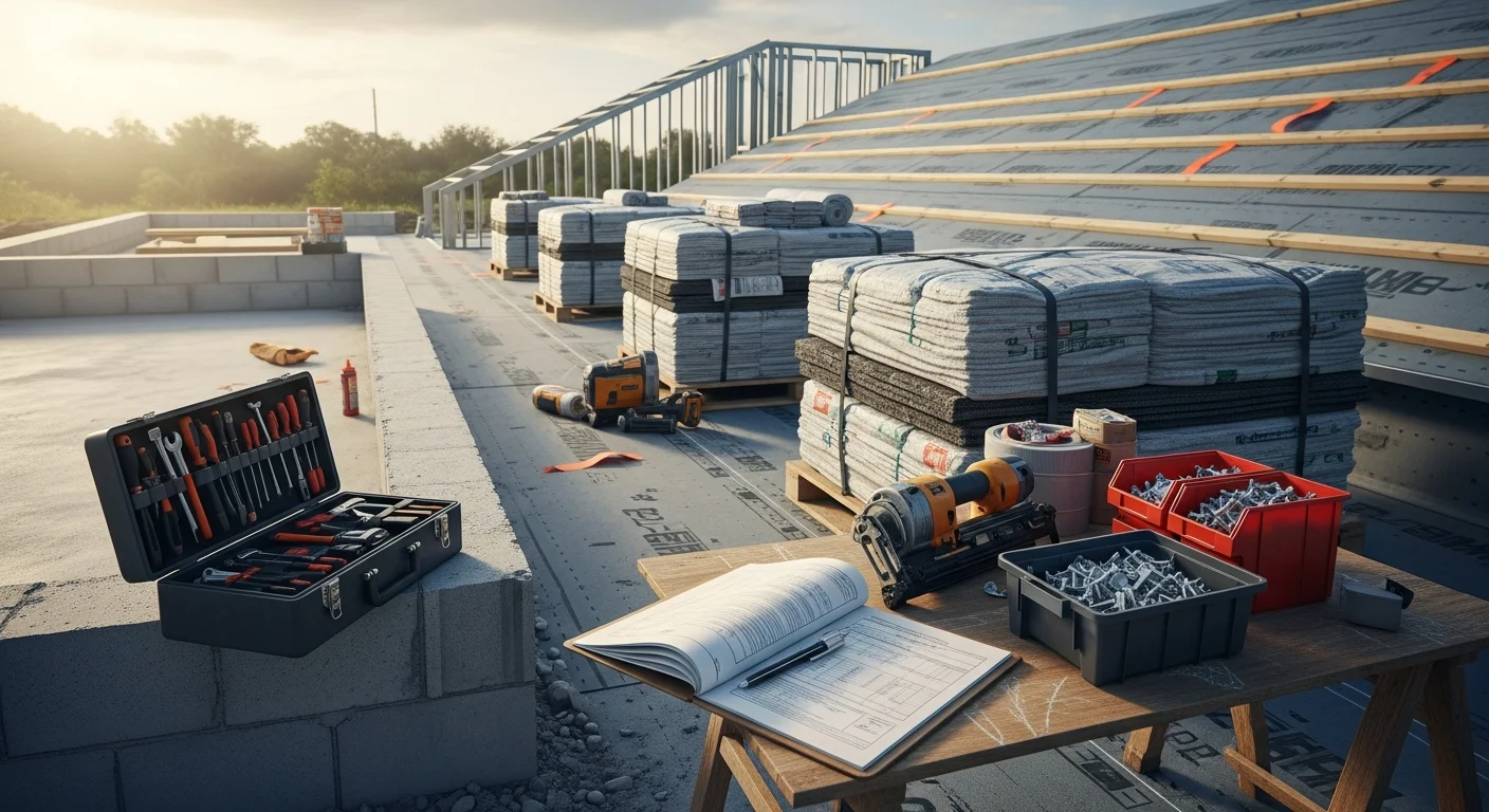 A South Florida construction job site being actively managed, showing a general contractor reviewing plans with subcontractors on a residential roofing and renovation project. The coastal South Florida setting reflects the high-wind building environment typical of the region.
