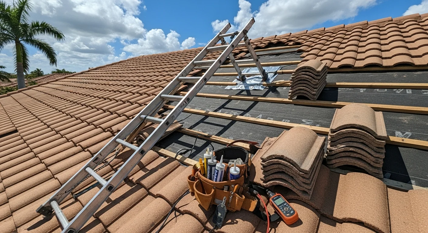A South Florida residential roof with storm-damaged tiles and exposed decking being assessed by a Ranked-1 Roofing contractor after a tropical weather event. Close-up view shows lifted flashing and water intrusion points along the roof field.