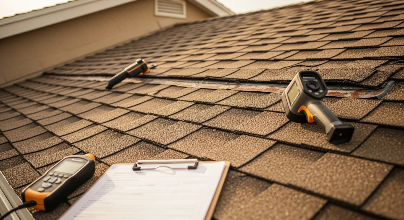 A Ranked-1 Roofing contractor inspecting a residential roof in South Florida, checking flashing and tile condition after storm season. Close-up view shows a detailed examination of the roofline against a clear South Florida sky.