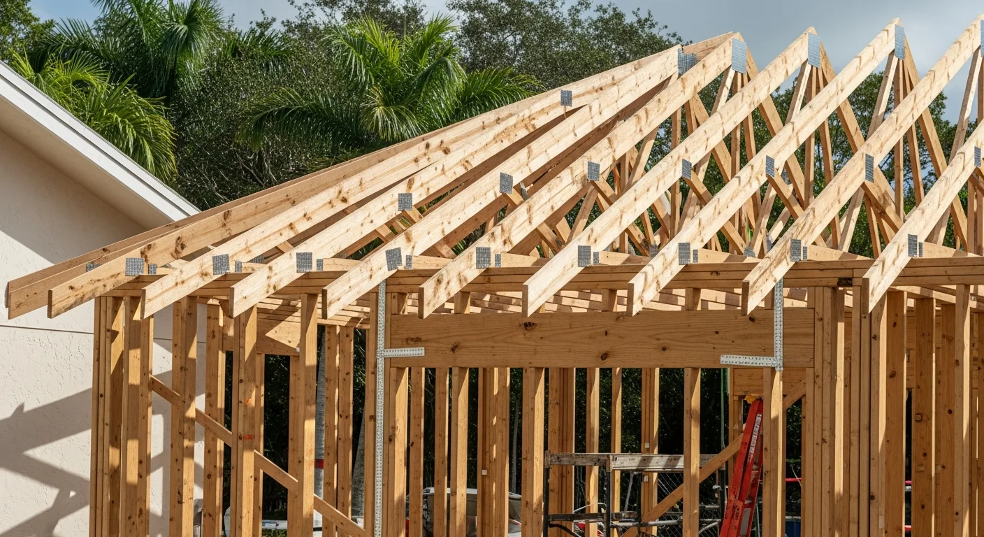 A newly framed residential home under construction in South Florida, showing structural framing and roofing work in progress under a clear blue sky. A licensed general contractor reviews plans on site with the build visible in the background.