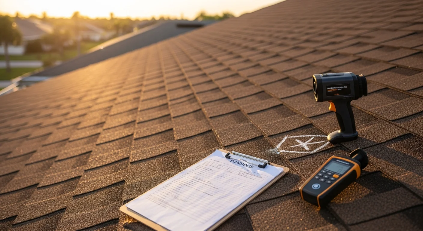 A Ranked-1 Roofing contractor performing a close-up roof inspection on a South Florida residential home, examining flashing and surface materials under clear skies. The inspector is on the roof checking seams and drainage points on a tile roof typical of the region.