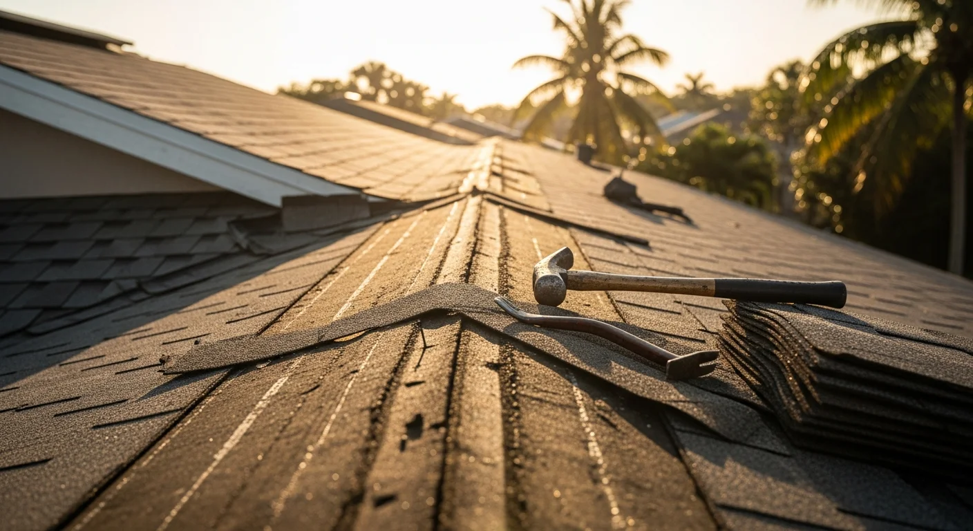 A South Florida residential roof after repair work, showing replaced shingles and sealed flashing along the roofline. A roofing contractor from Ranked-1 Roofing inspects the completed repair area under bright Florida sunlight.