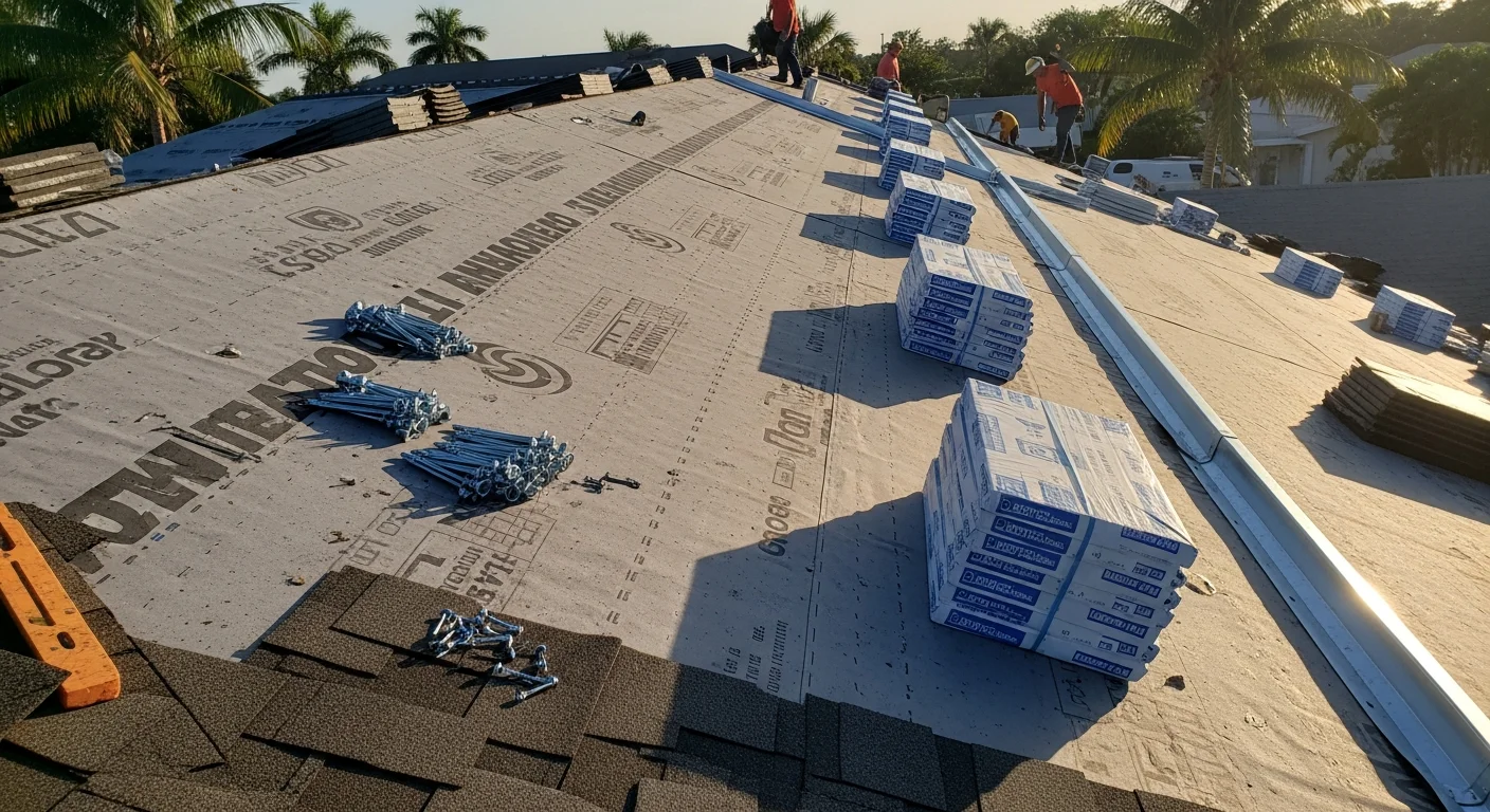 A completed residential roof replacement on a single-family home in South Florida, showing new code-compliant roofing with proper edge metal and uniform installation across the full deck. The home sits in a typical South Florida neighborhood with palm trees visible in the background.