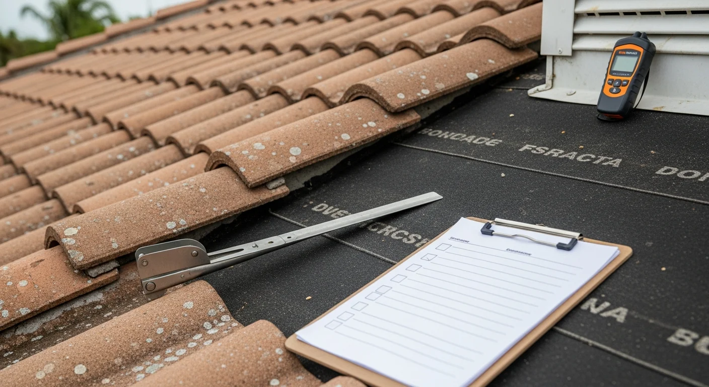 A Ranked-1 Roofing contractor inspecting a clay tile roof on a South Florida residential home, checking flashing and underlayment condition under clear tropical sunlight. The surrounding neighborhood shows typical South Florida single-family homes with low-slope rooflines.